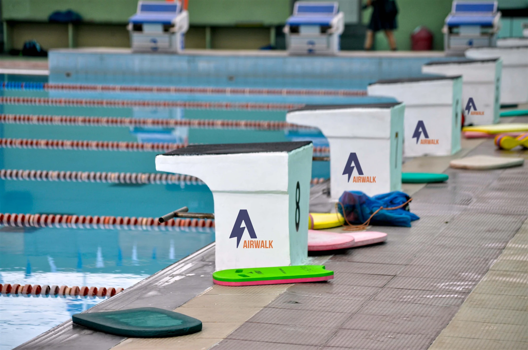 Swimming pool starting blocks carrying the Airwalk identity