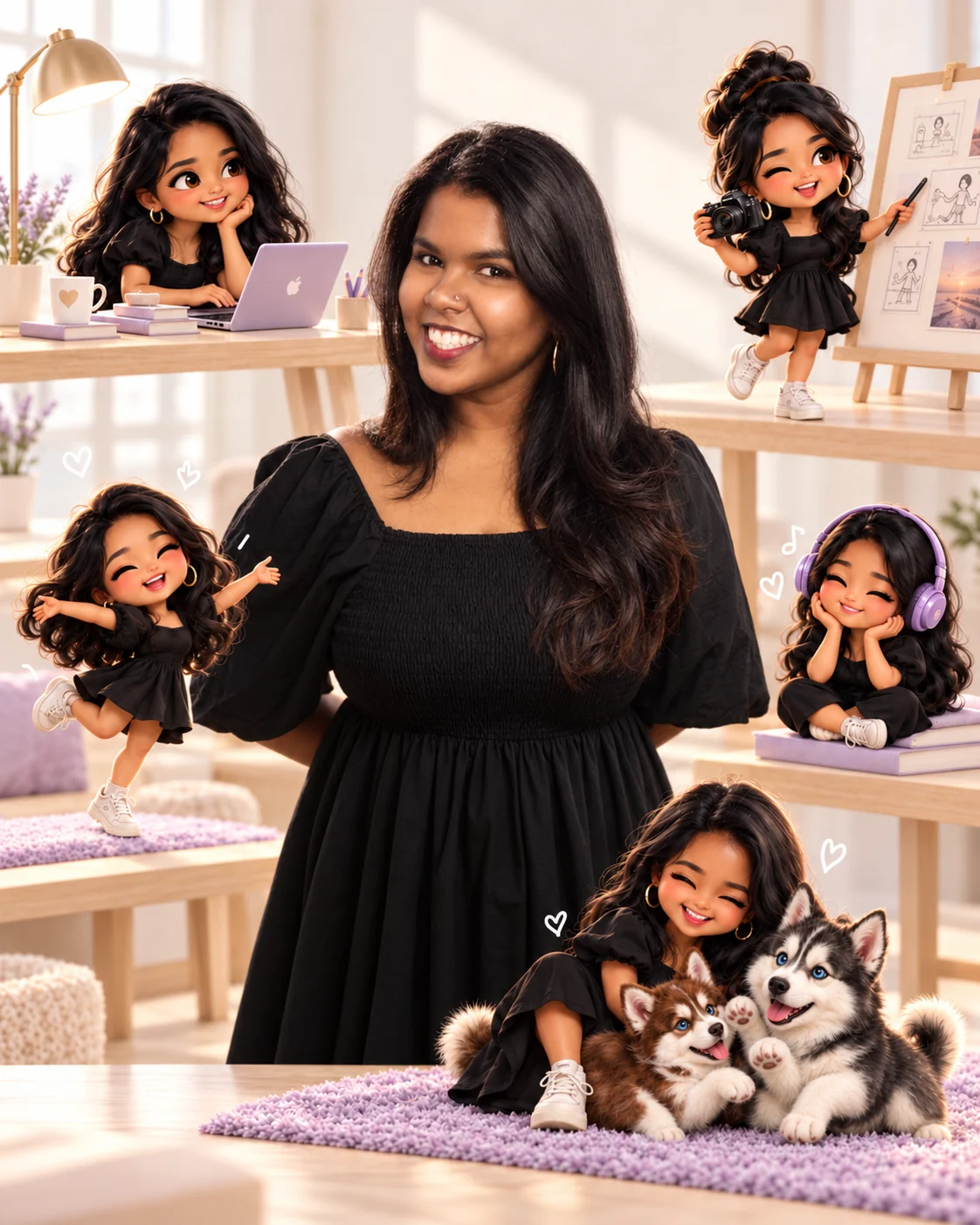 Creative portrait of Roshni in a warm studio, surrounded by five 3D mini versions working on a laptop, art directing, dancing, listening to music, and playing with two huskies.