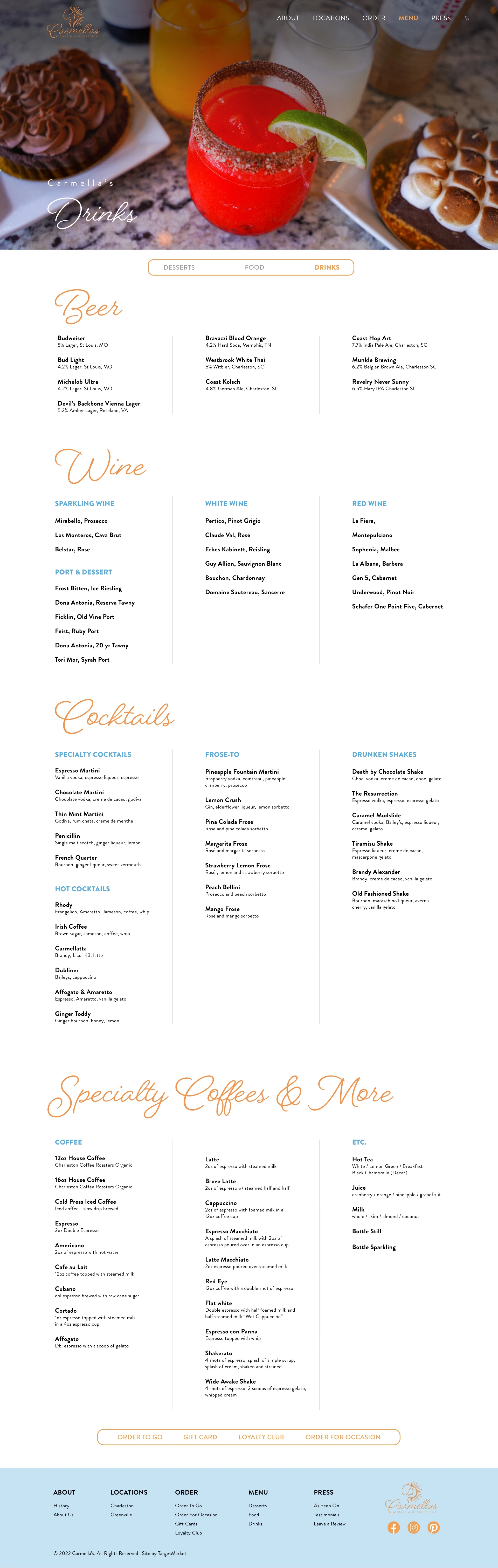 Drinks menu — Carmella’s website design