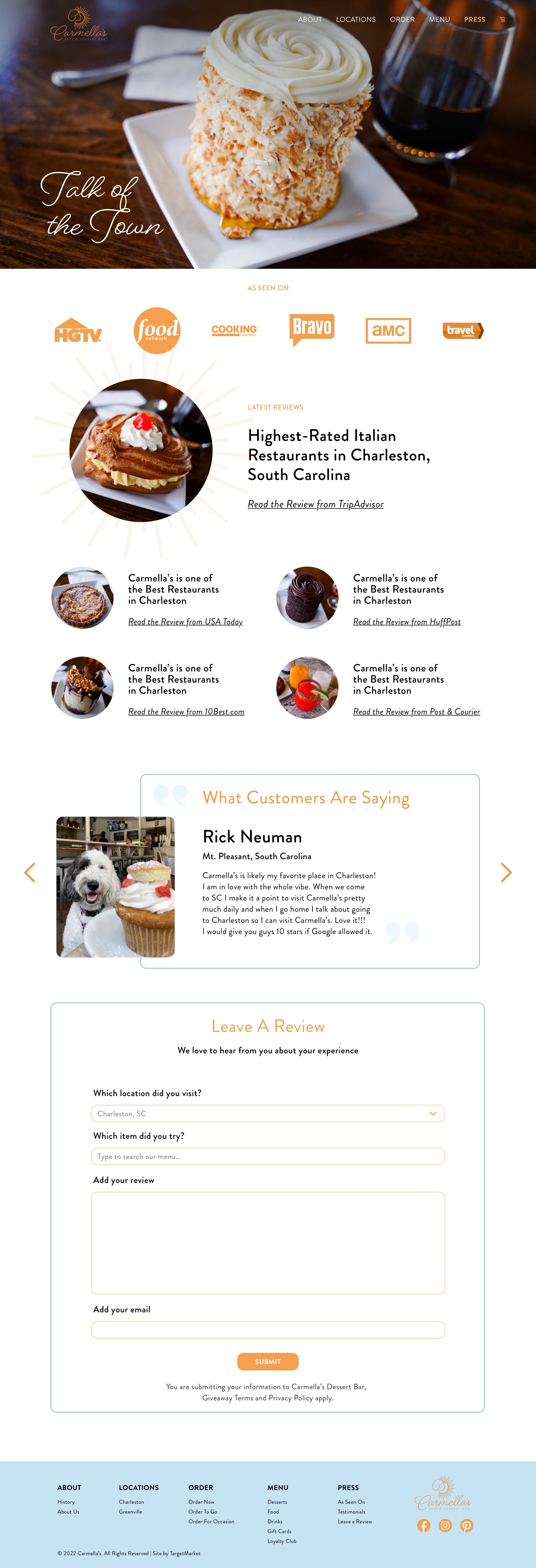 Press & customer reviews — Carmella’s website design