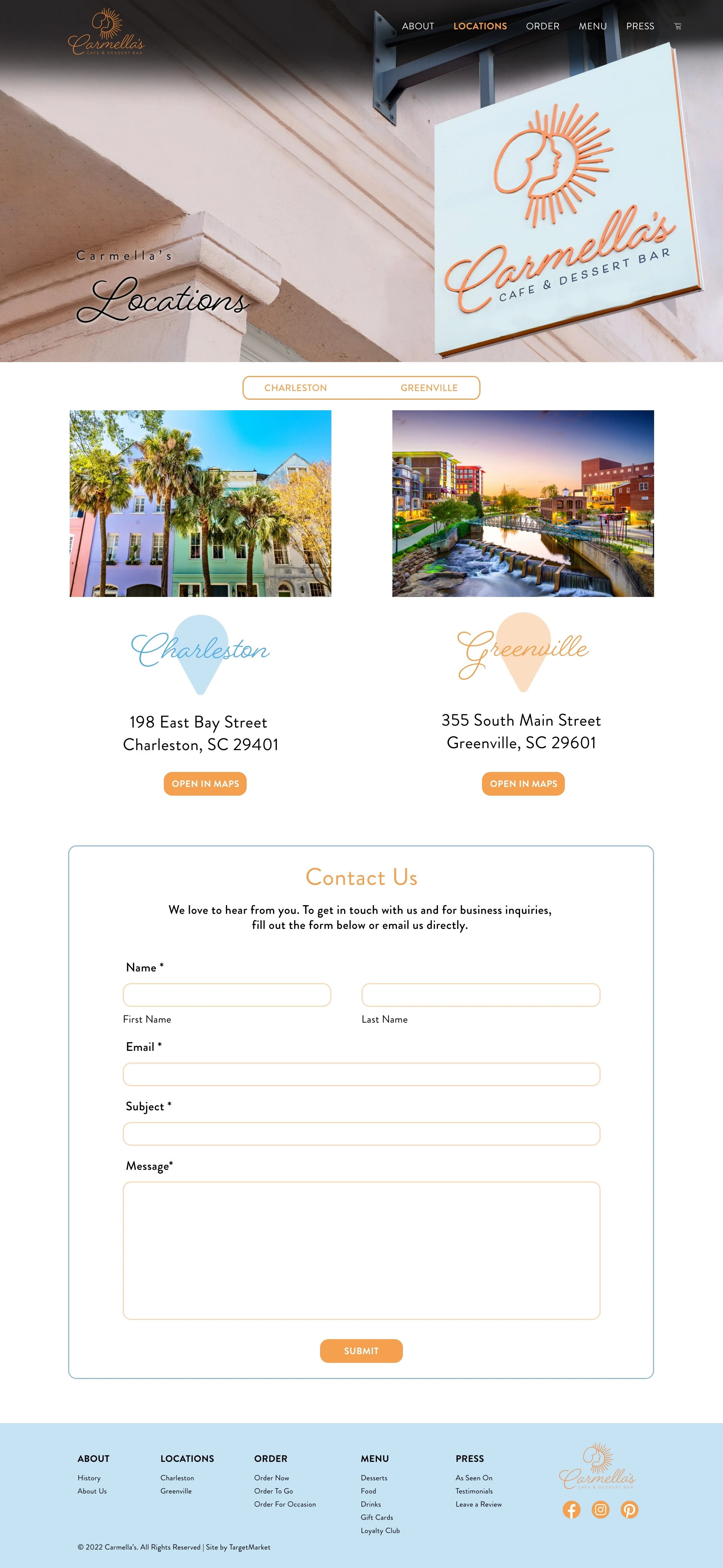Carmella’s locations and contact page