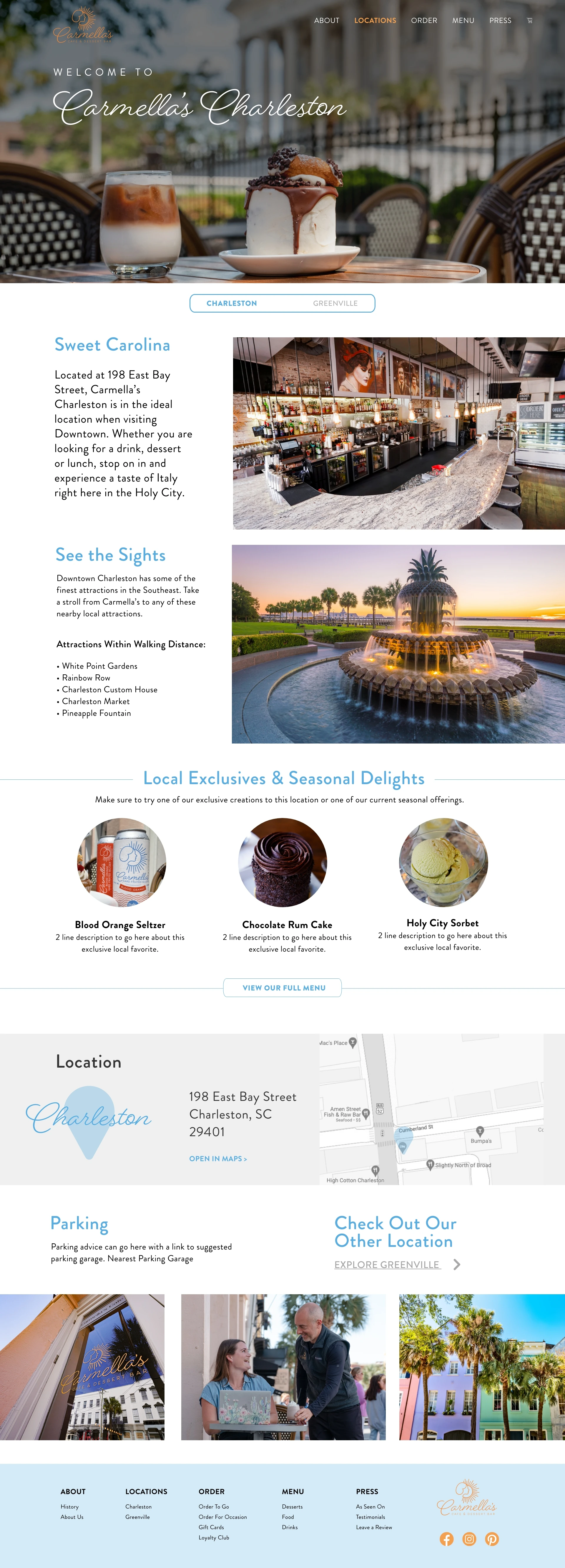 Charleston location — Carmella’s website design