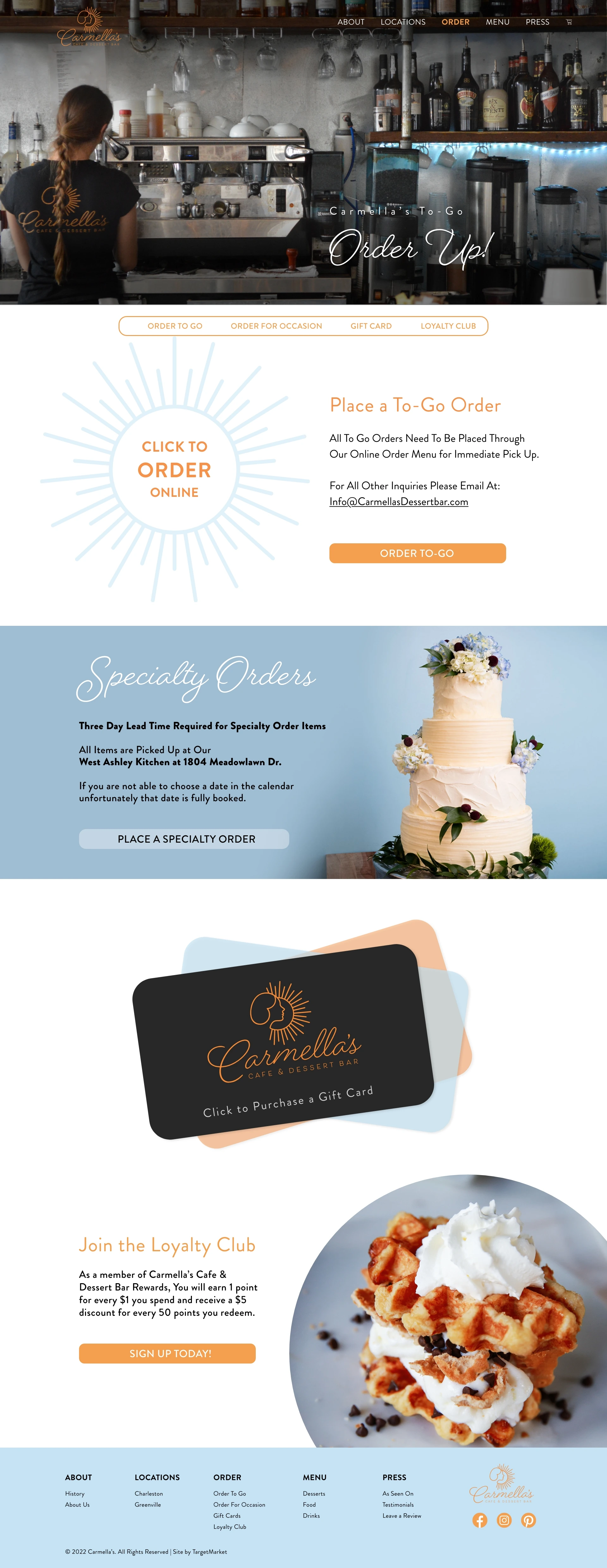 Ordering, gift cards & loyalty — Carmella’s website design