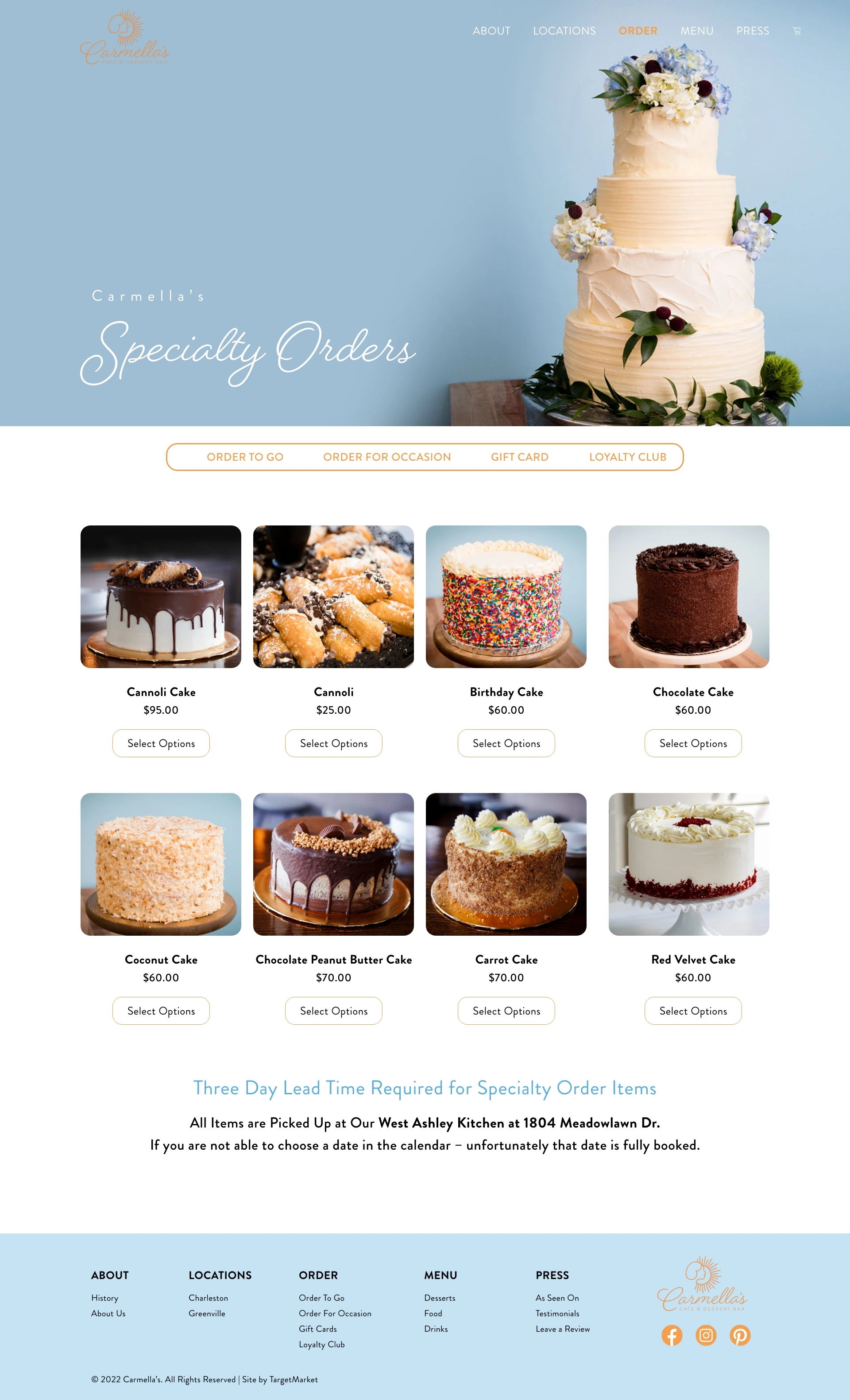 Specialty ordering page with a grid of cakes