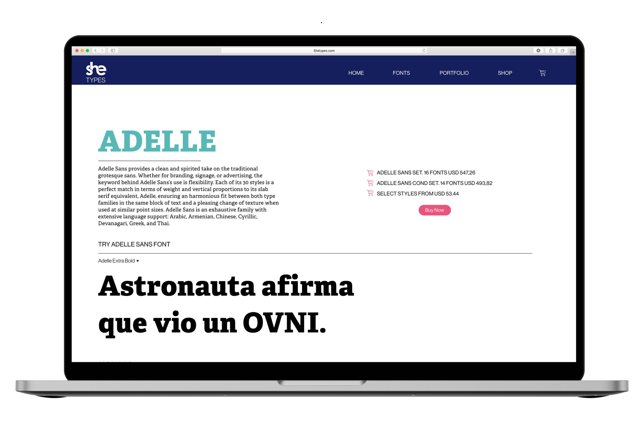 Adelle typeface detail page with large specimen text