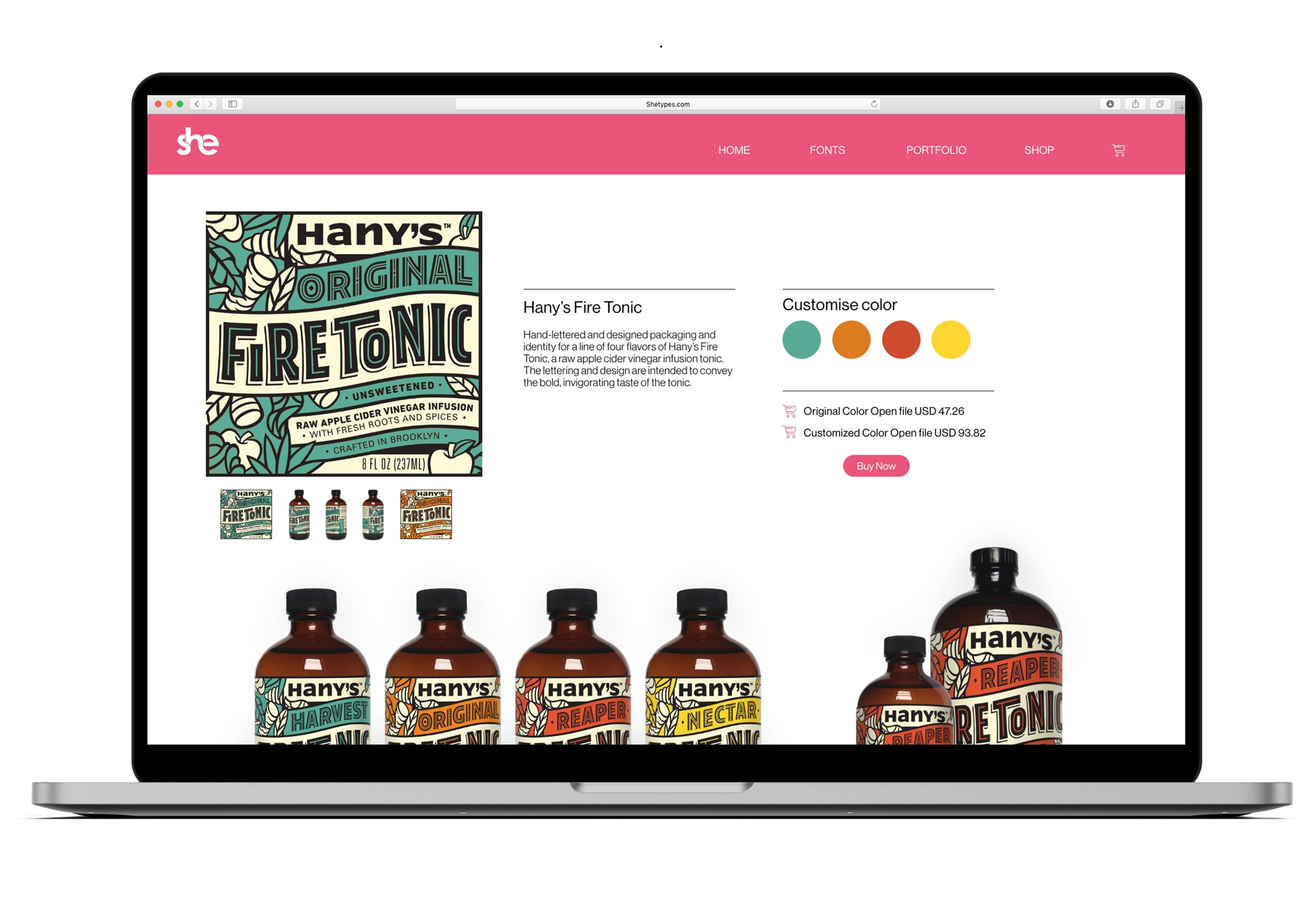 SHE TYPES product page showing typographic packaging and color options