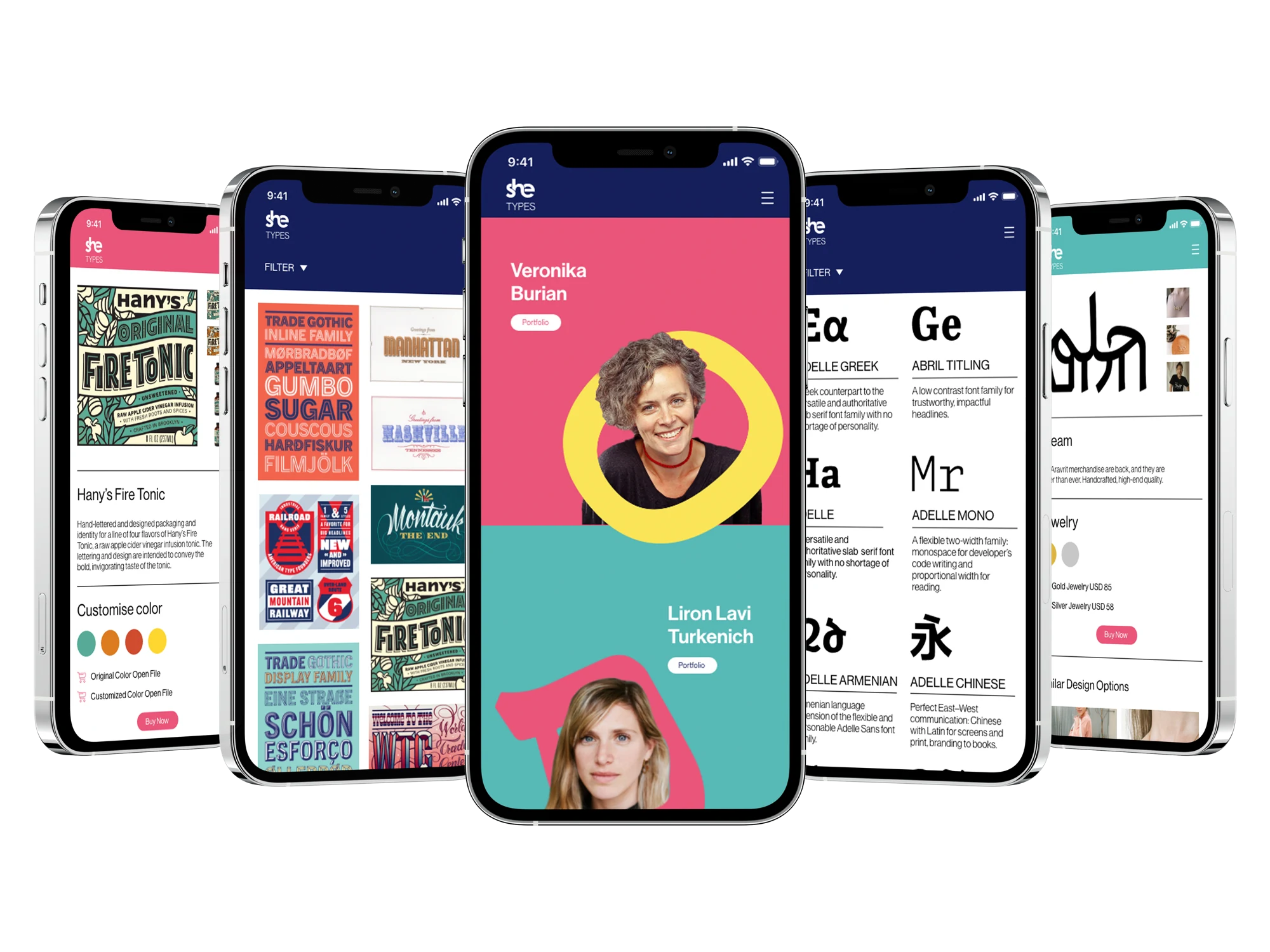 Five SHE TYPES mobile screens showing gallery, designer and product views