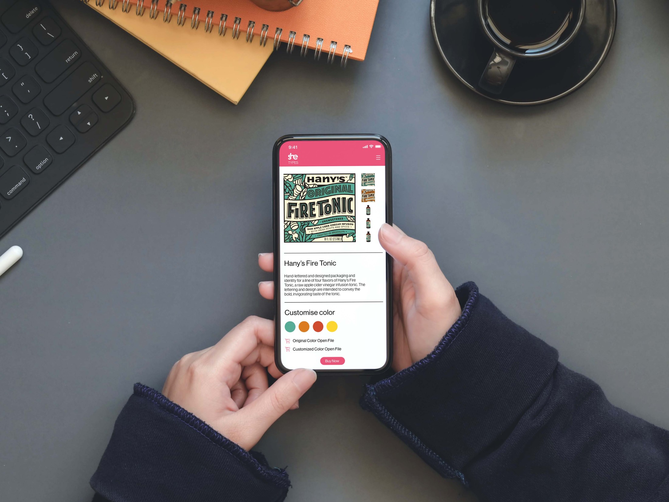 SHE TYPES mobile product page in use