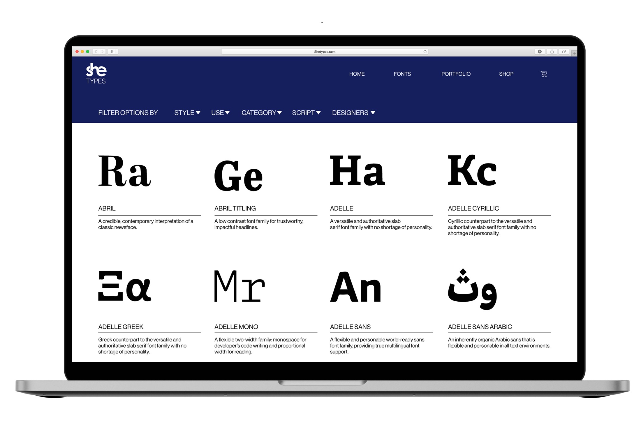 Typeface gallery displaying a grid of letterform specimens