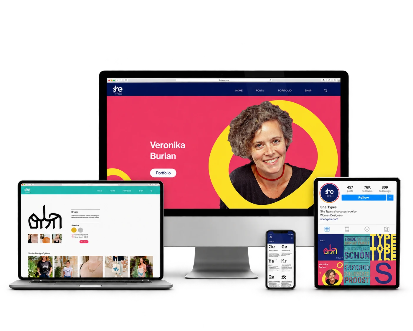 She Types visual identity across desktop and mobile
