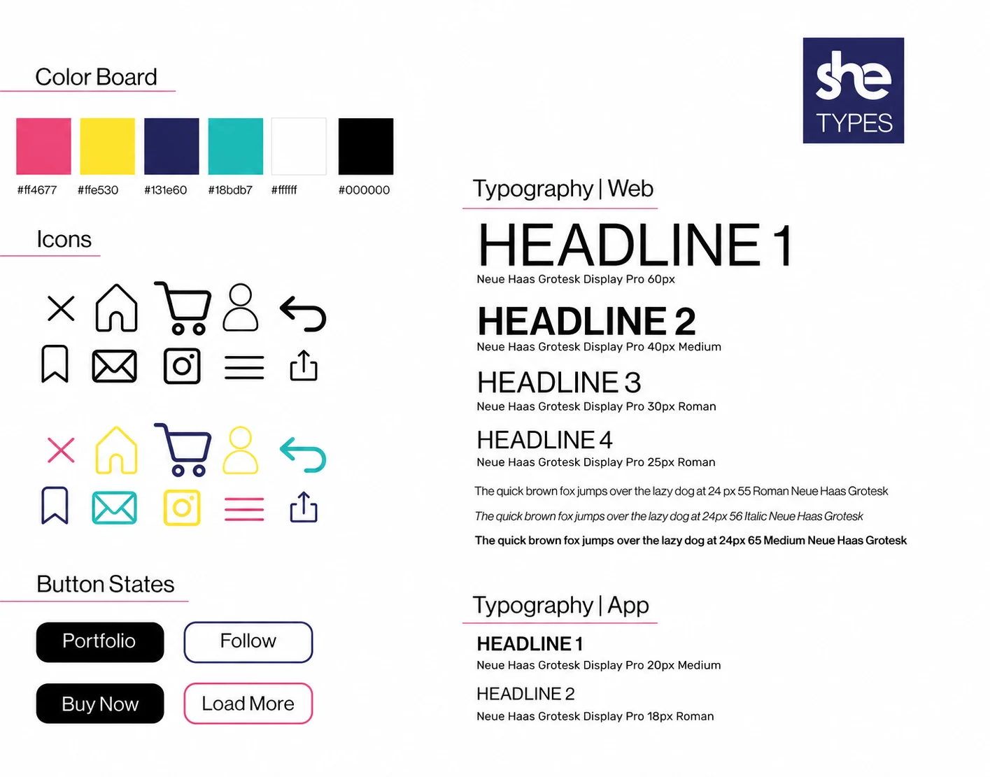 SHE TYPES visual guidelines with logo, color palette, icons and typography