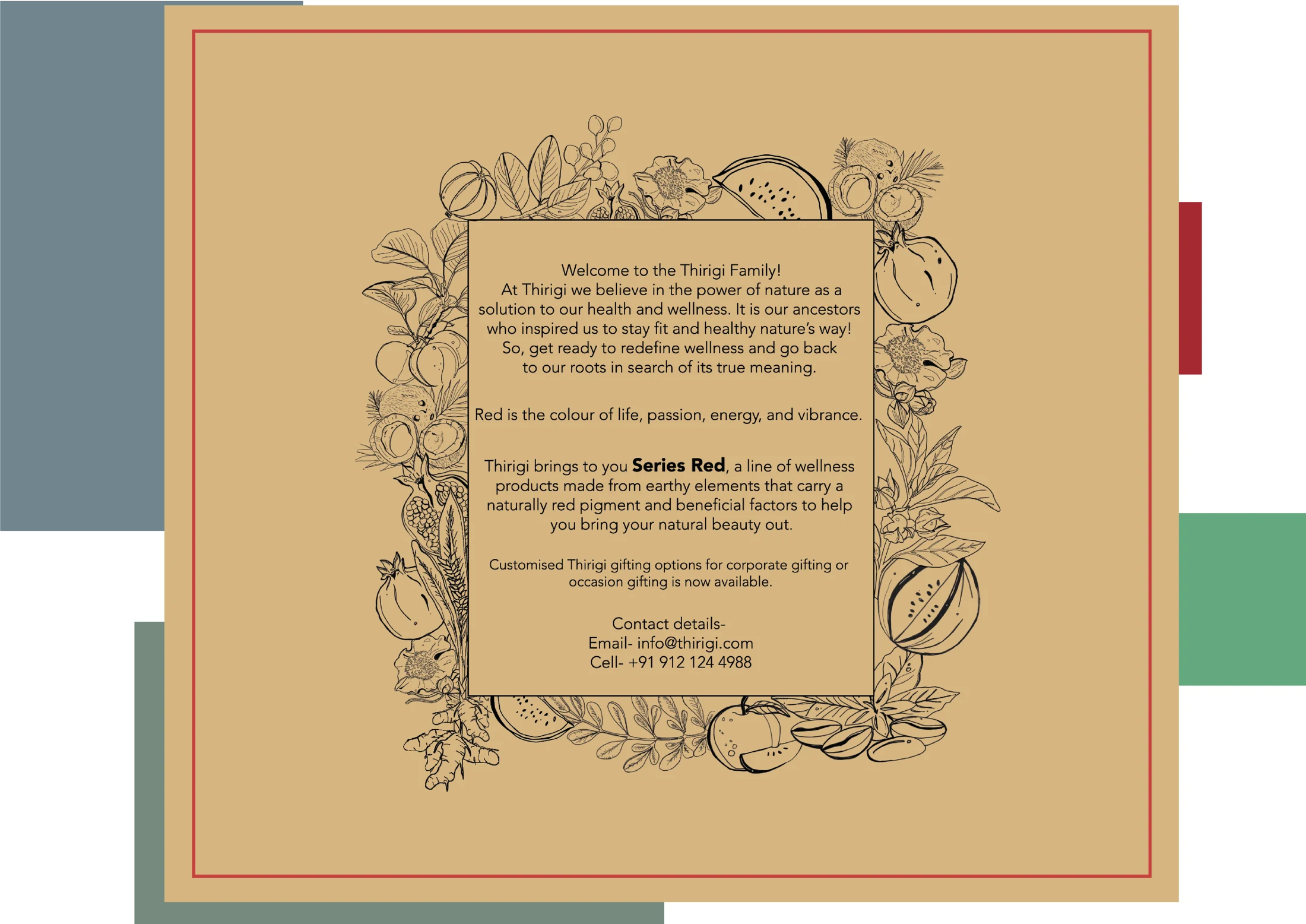 Thirigi welcome card with botanical border