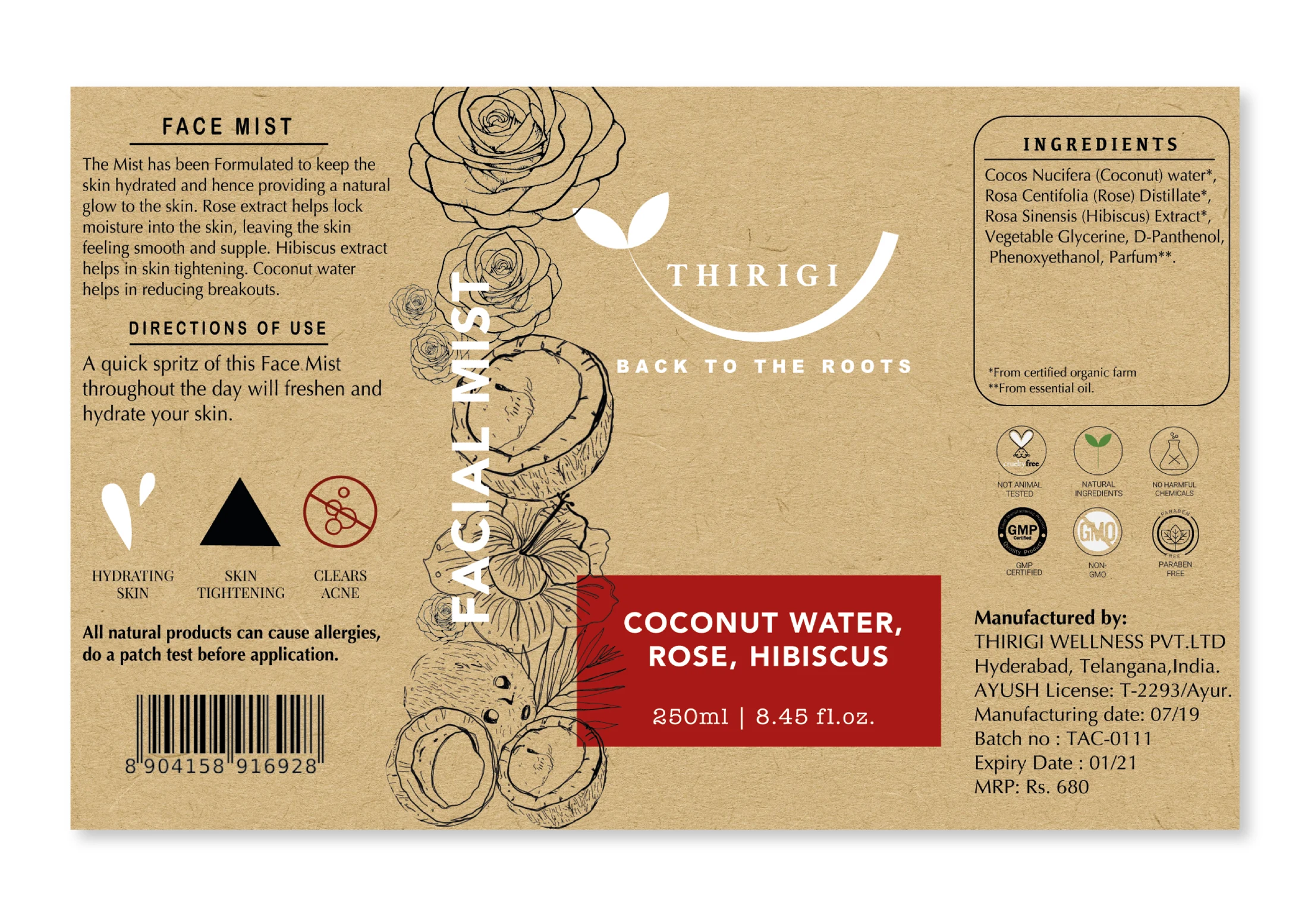 Flat Thirigi face mist label with botanical linework and a red product panel
