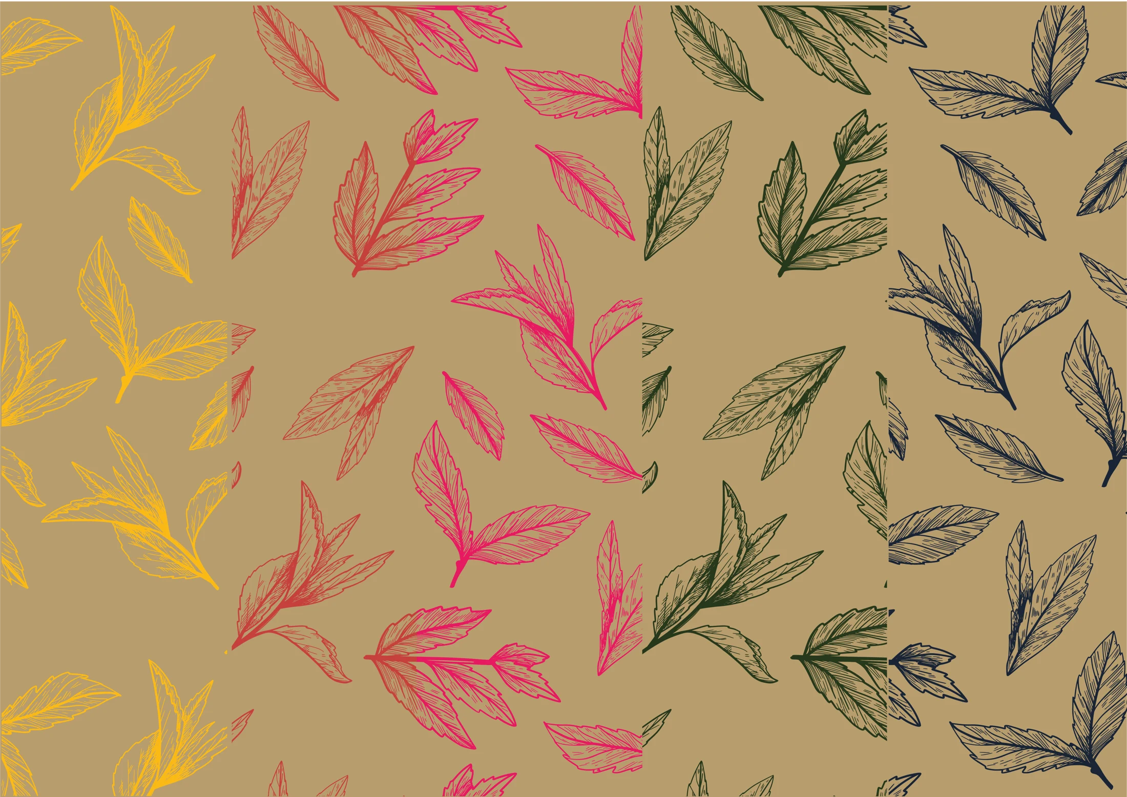 Repeating botanical pattern in pink, yellow and black on a kraft background