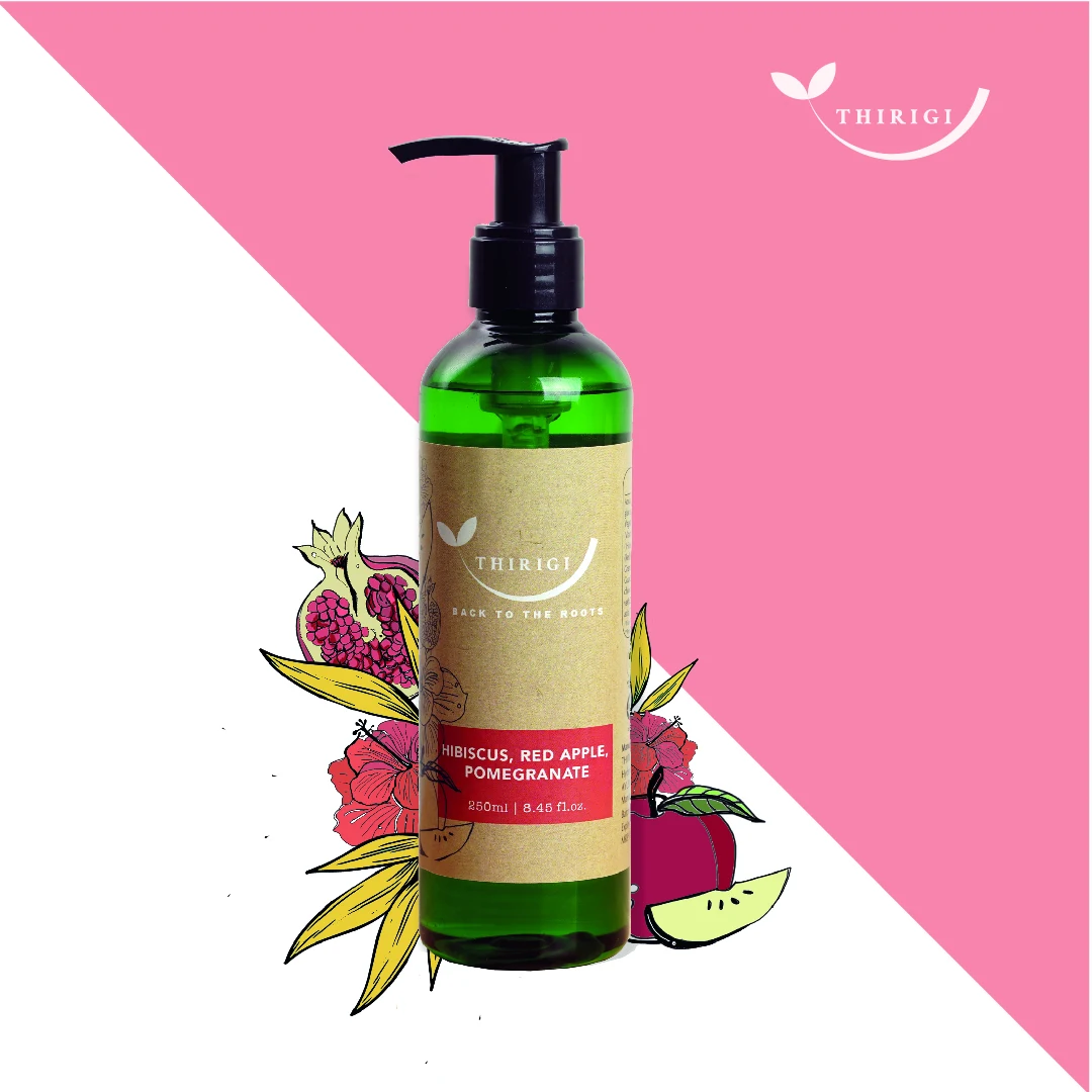 Green Thirigi bottle surrounded by botanical illustrations on pink and white