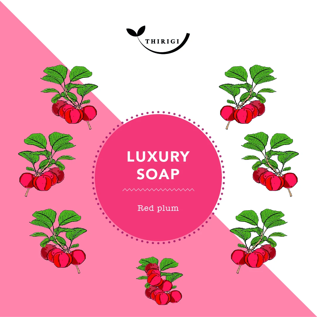 Pink red-plum soap graphic with botanical illustrations