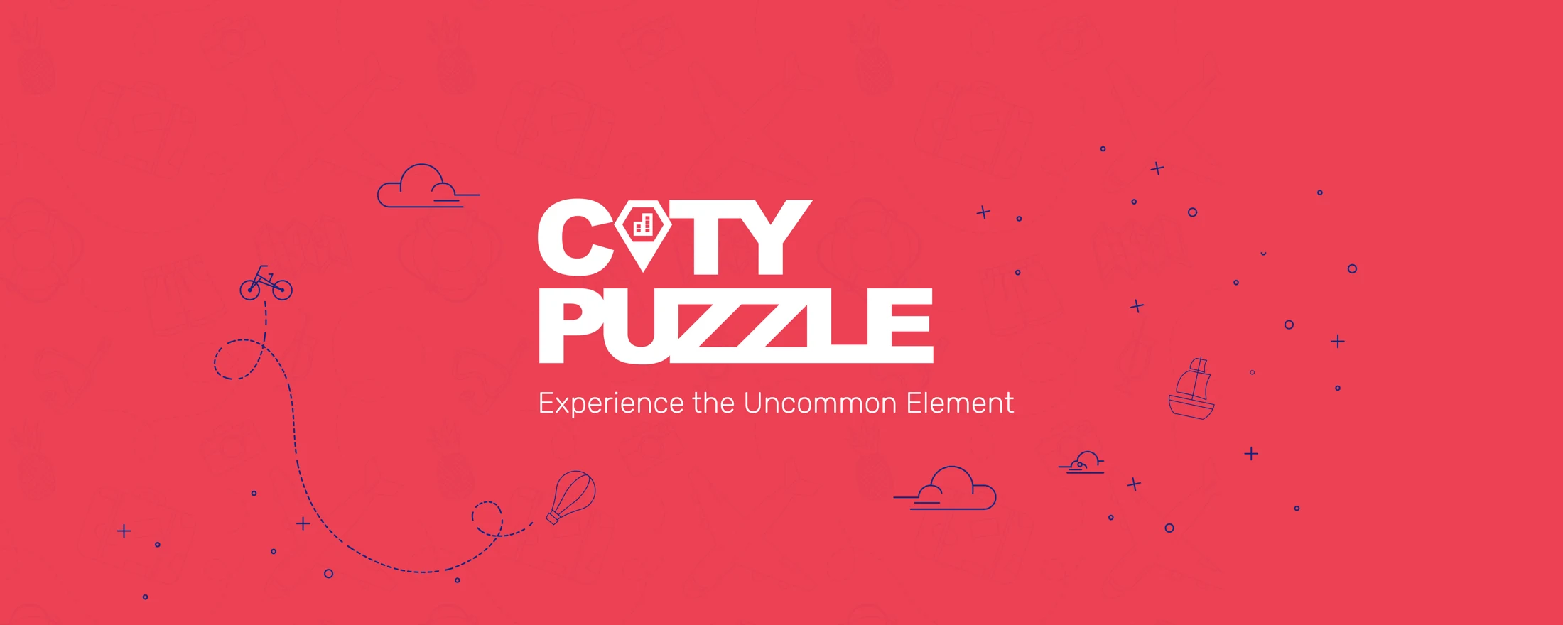 City Puzzle — Experience the Uncommon Element. White lettering on coral with playful travel illustrations.