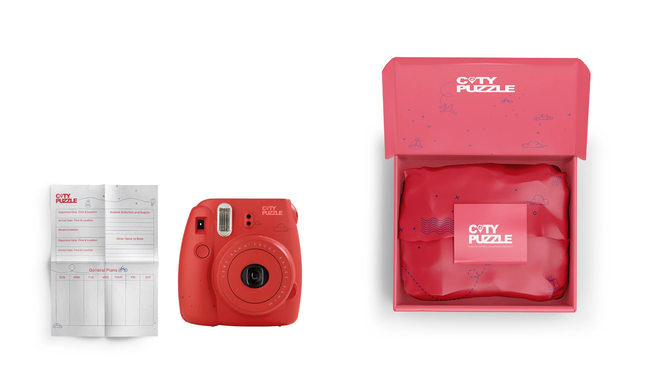 City Puzzle travel kit with packaging, camera and travel journal