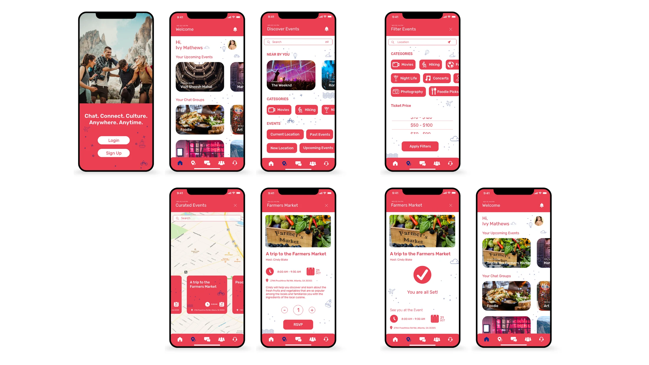Mobile app / Selected interface designs across the discovery journey.